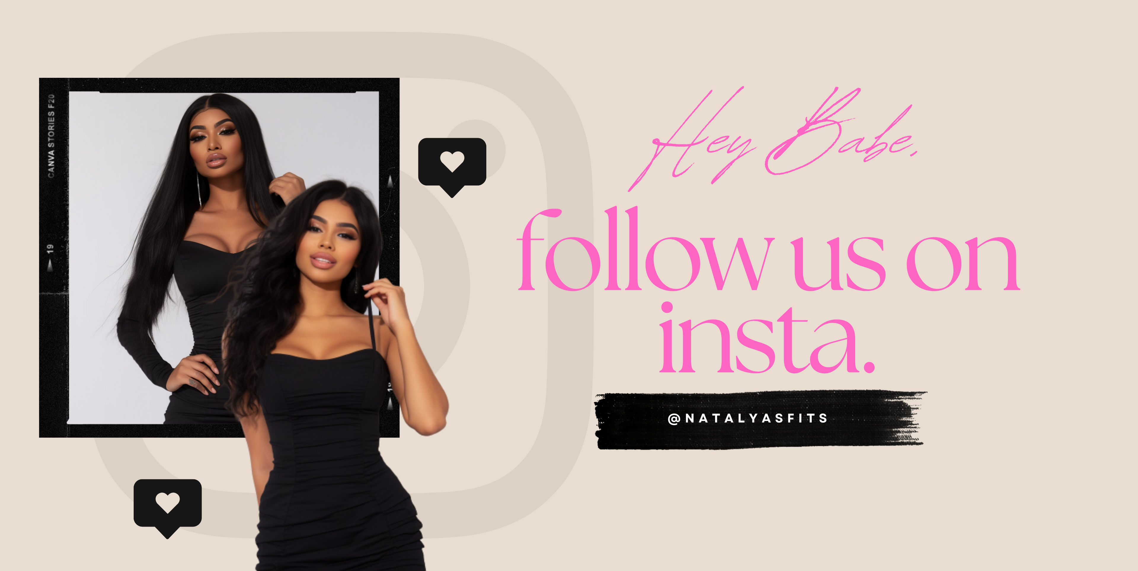 Promotional graphic for NATALYA AS FITS featuring a model in a black strapless dress posing in front of a mirror showing another view of her in a black top. The text reads 'Hey Babe, follow us on insta.
